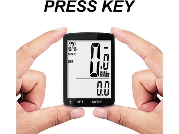 Svart trådløs sykkelcomputer med display, vanntett speedometer og kilometerteller.