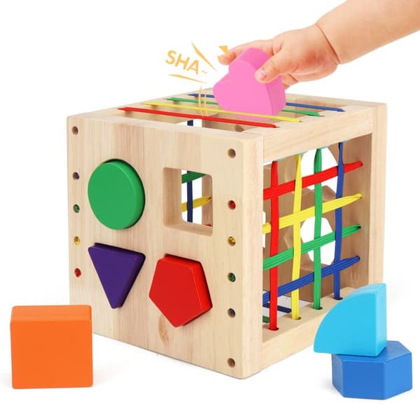 Træformsorteringskube, Montessori-legetøj til 1-årige børn, 8 farverige multisensoriske former, babylæringslegetøj