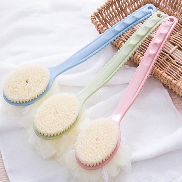 Langhåndteret badebørste med loofah, bløde børster, rygskrubber, eksfolierende, kropsvask