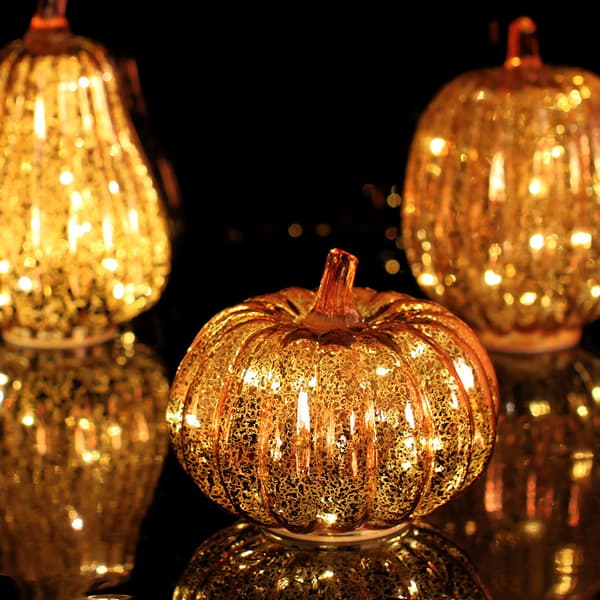 Pumpkinallykta i glas för Halloween, LED-ljus, 6-timmars timer, målat glas, heminredning Silver 16.5x14cm
