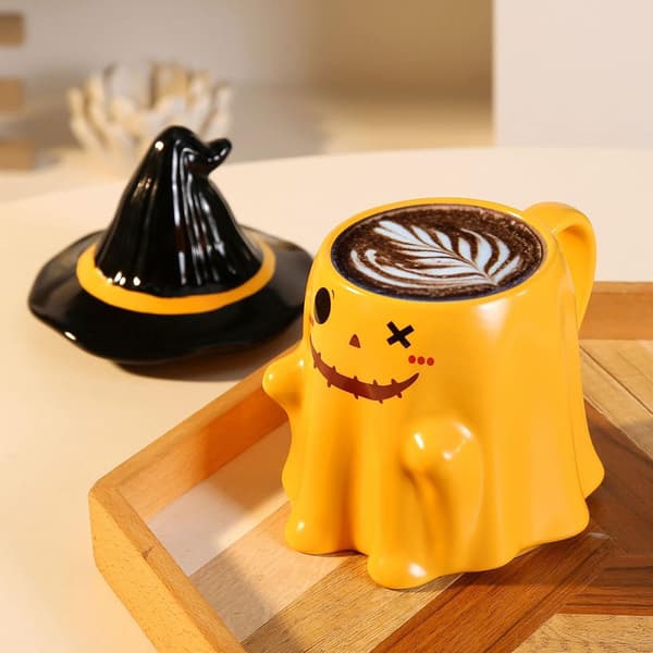Halloween Spökmugg med lock, gul, keramik kaffekopp, stil 1