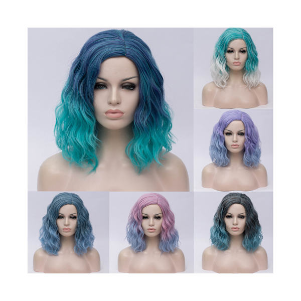 Dammode Gradient Instant Noodle Curly Medium Short Peruk Cosplay Hairpiece - 4