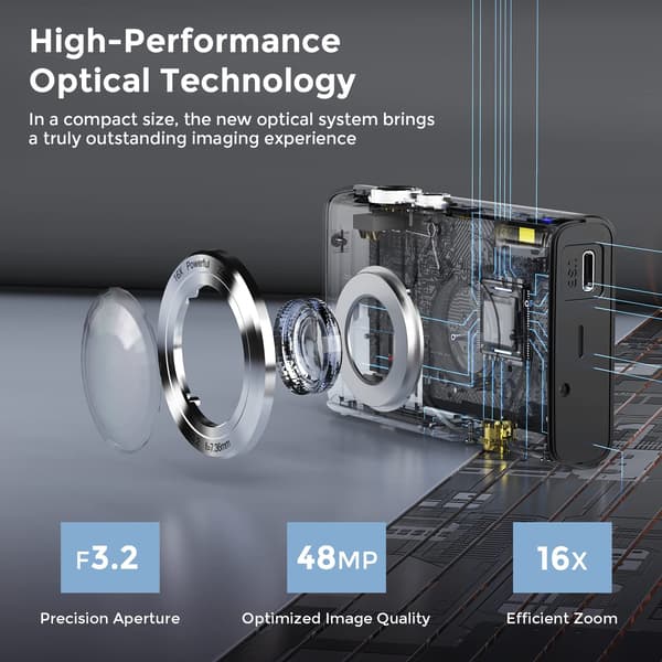 48MP Digitalkamera 16x Zoom 4K Video, Sort, Kompakt til Begyndere