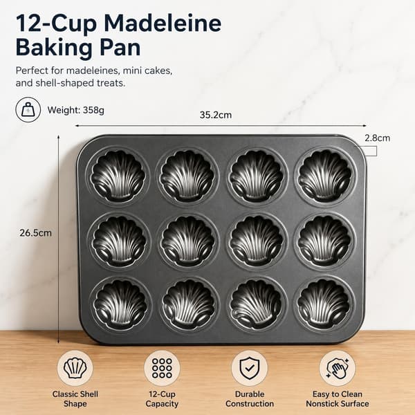 Madeleineform med 12 hål, non-stick kolstål, bakform för snäckkakor, rund, 30 cm 12version