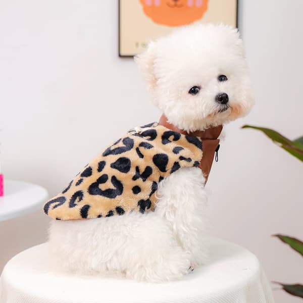 Liten hund leopard skinnjakke, varm vinterkjole til valper og katter Leopard L 48x35cm 5-6kg