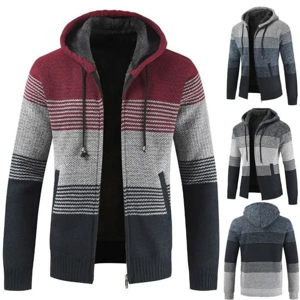 Herre Strikket Pullover Hættetrøje, Patchwork Sweater, Fleeceforet, Afslappet Cardigan Jakke, Rød