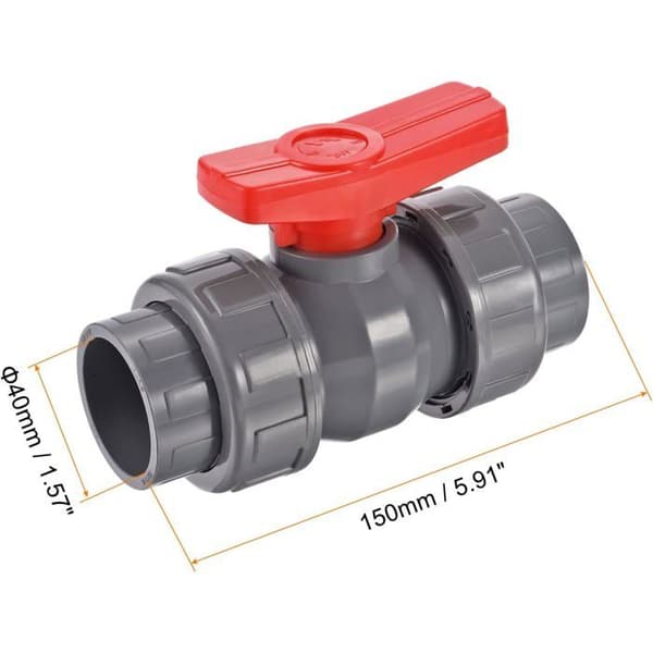 40 mm innvendig diameter dobbel-union PVC kuleventil for vannstrømskontroll, grå