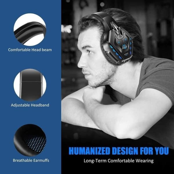 PS4 Kablet Headset, Kablet Gaming Headset med Støjreducerende Mikrofon, LED Trådløst Bluetooth Headset (Blå)