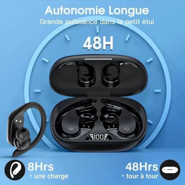 Bluetooth hörlurar IPX7 Vattentät med LED-örhängemikrofon, för sport/motion/gym/löpsvart
