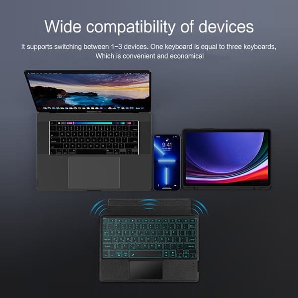 Bluetooth-tastaturcover til Samsung Galaxy Tab S9/S9 FE, læder, touchpad, baggrundsbelyst - 12,4 tommer