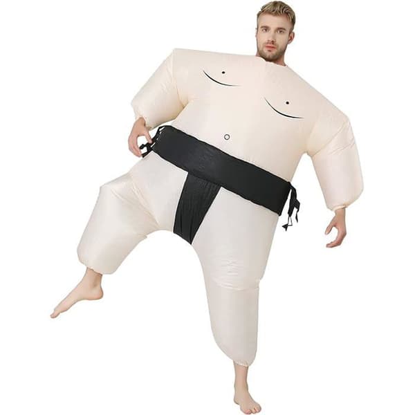 Oppblåsbart sumodrakt for voksne til Halloween, rollespill, fester og jul, passer 150–190 cm White