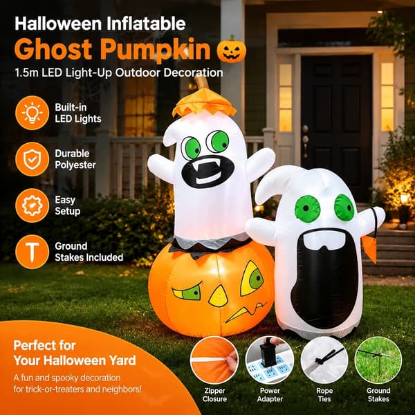 Uppblåsbart spöke med pumpa för Halloween, 1,5 m LED-dekoration för utomhusbruk US regulations