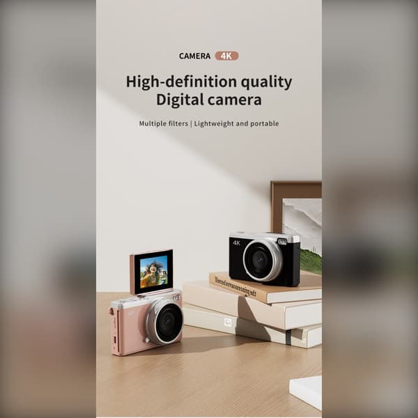 64 MP digitalkamera, 4K-video, 16x zoom, CCD-sensor, 2,4\" IPS-skjerm, 180° roterende objektiv, hvit
