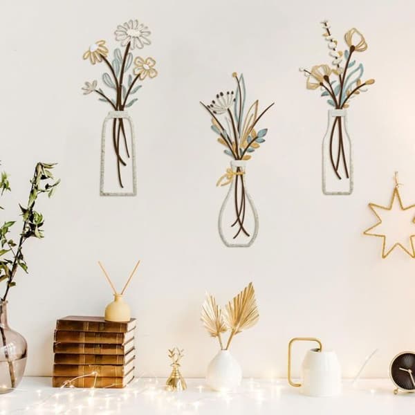 3-delt beige metal blomstervægdekoration sæt, rustik bondegårds- og minimalistisk stil, vase C