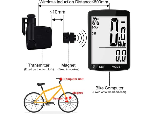 Svart trådløs sykkelcomputer med display, vanntett speedometer og kilometerteller.