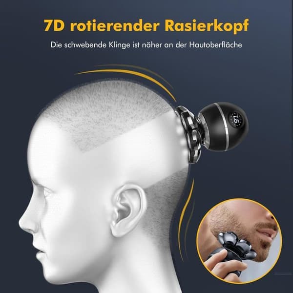 Hodebarbermaskin for menn, 7D elektrisk barbermaskin, 6-i-1 hodehårtrimmer, våtbruk