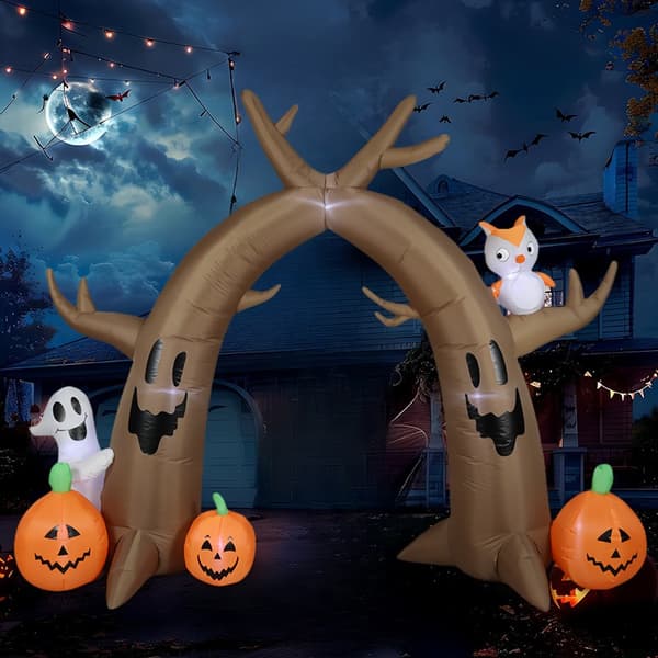 Uppblåsbar Halloween-båge med spöke, uggla, dött träd och pumpa, 2,4 m LED-belyst trädgårdsdekoration US Plug