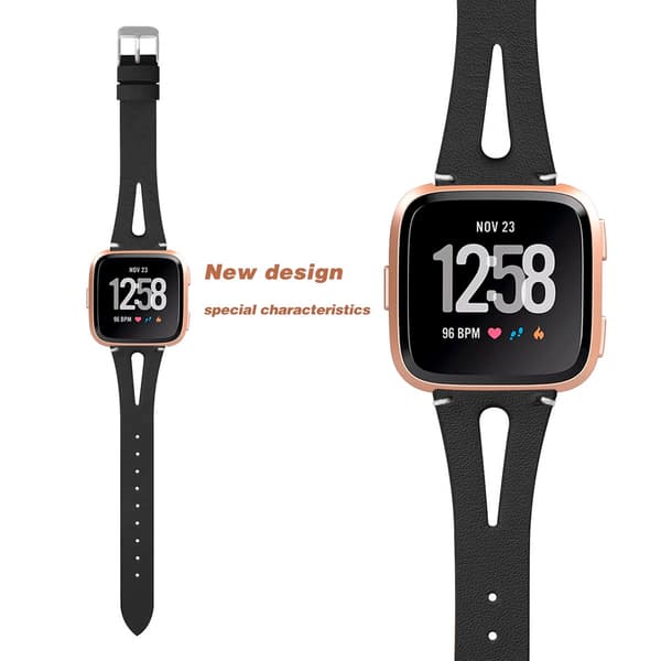 Ekte lærreim til Fitbit Versa Smartklokke, Svart, 20mm, Hul Design