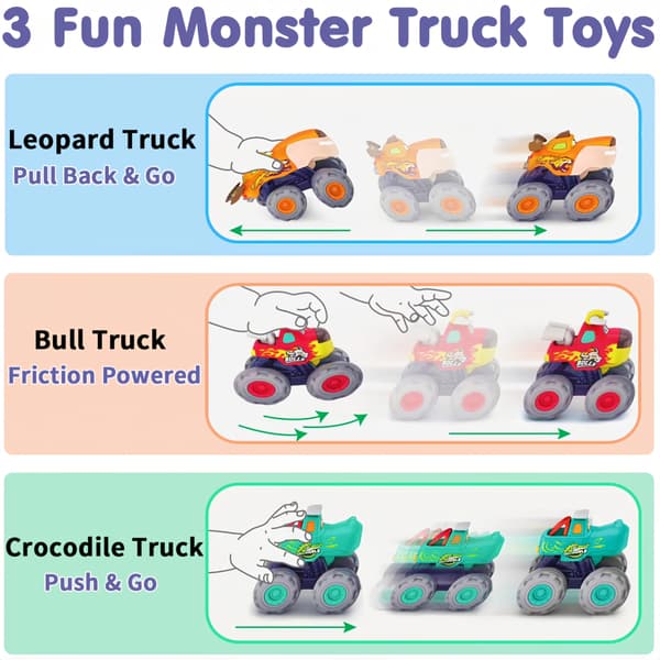 3-pak lysende monstertruck-legetøj til 1-årige, tryk-og-kør dinosaurbiler til småbørn A - Standard