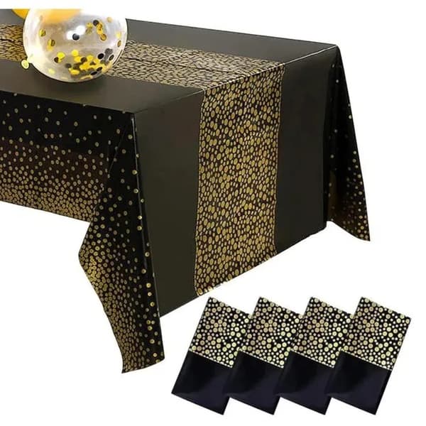 4 stk svart gull prikkete plastduk, 137x274cm, rektangulær, vanntett, bursdagsfest
