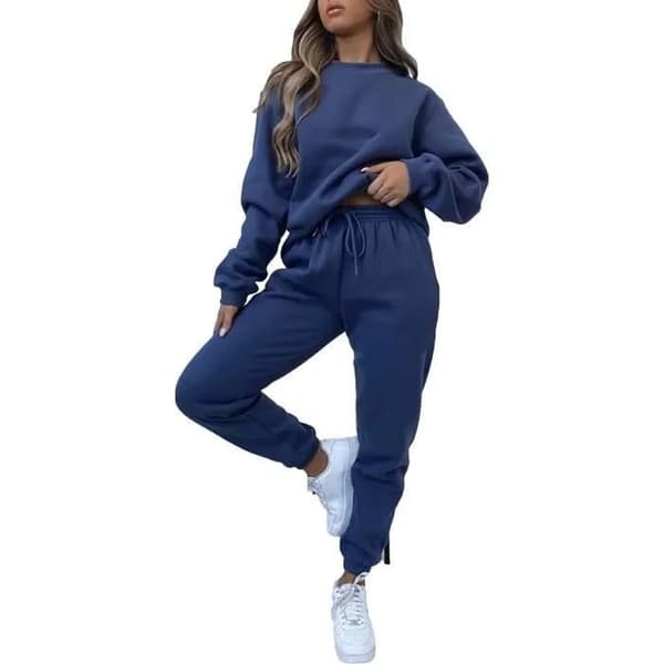 Træningssæt til kvinder med pelsfor, pullover sweatshirt, joggingbukser, blå XL
