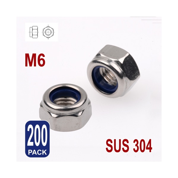 Nylon Låsmutter Hex 304 Rostfritt stål Metrisk Insert Låsmutter, M6 200st, sortimentssats för låsplatta plattbrickor, sexkantinsatta skruvmutter Självlåsande