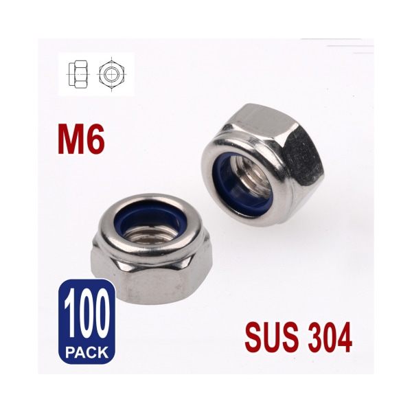 Nylon Låsmutter Hex 304 Rostfritt stål Metrisk Insert Låsmutter, M6 100st, Sortimentssats för låsplatta Plattbrickor, Sexkantinsatta skruvmutter Självlåsande