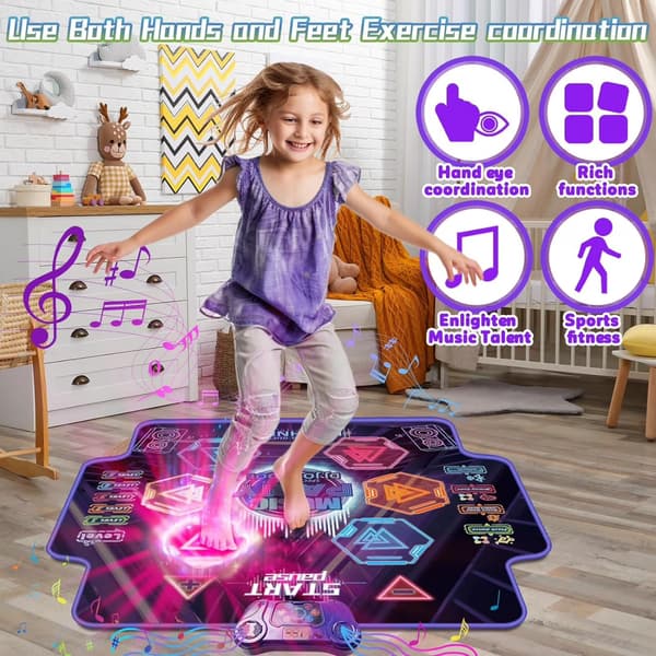 Dansemåtte legetøj til piger 3-6 år, trådløs Bluetooth musik dansemåtte med 6 knapper, 4 spiltilstande, skridsikker, foldbar