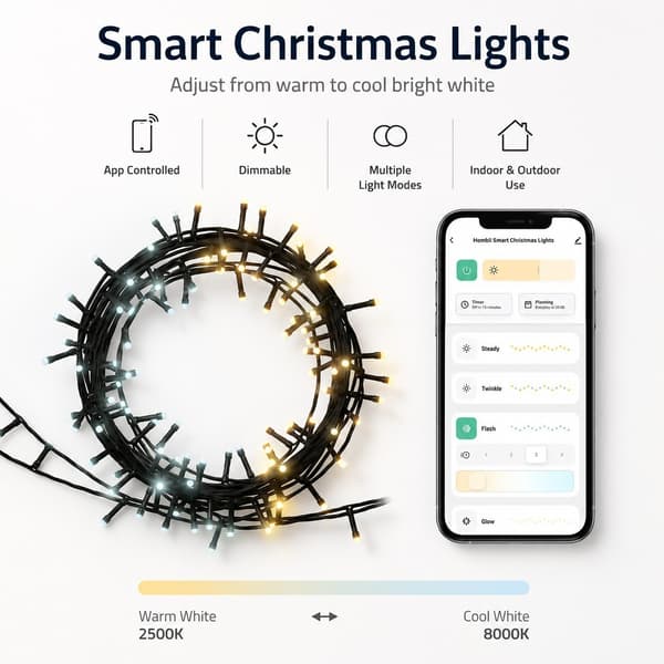 Smarte LED julelys, 20m, 200 LED'er, IP44, dæmpbare, indendørs udendørs, app-styret