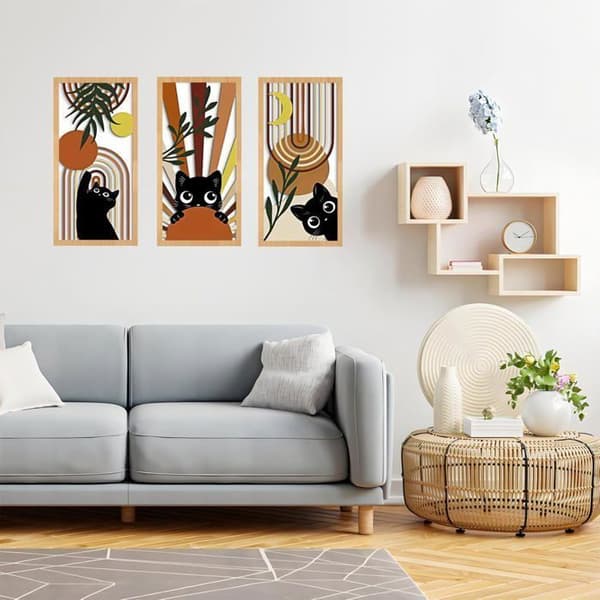 3-delt Boho-Chic Vægkunst Sæt med Katte, Vaser, Tropiske Blade, Sol- og Månemotiver
