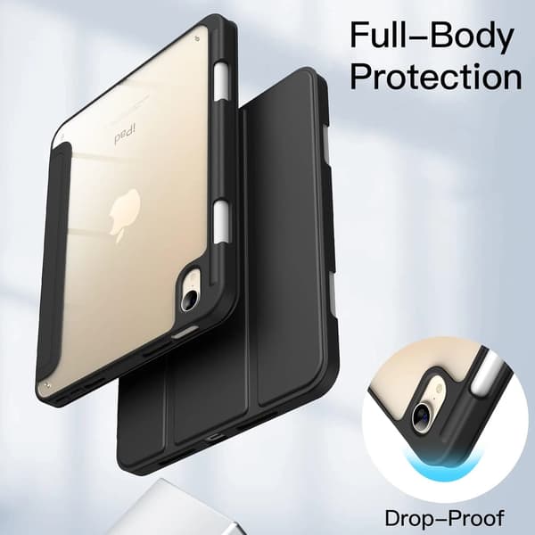 Svart TPU Bumper Klart PC Baksida Surfplattefodral för iPad Mini 7 2024 / Mini 6 2021, Inbyggd Pennfack Tri-fold Stativskydd