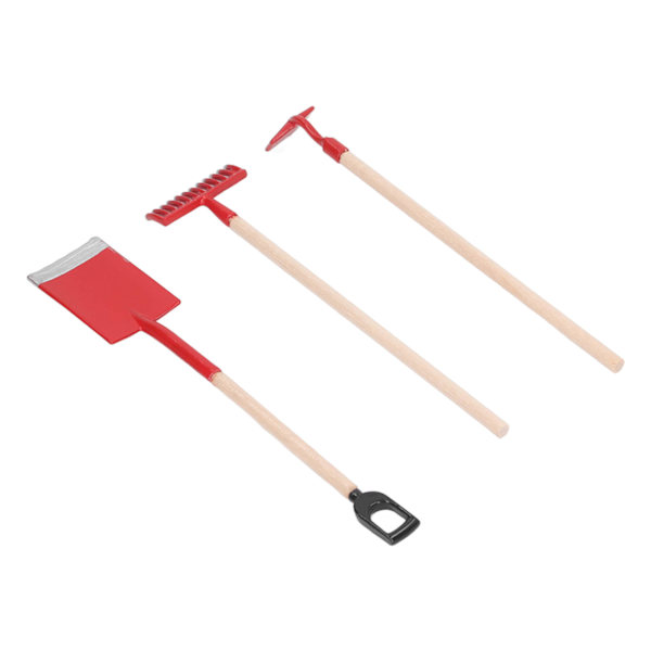Skala 1:12 Miniatyr Trädgårdshandverktyg Legering Trä Dockhus Rake Zen Spade Modell för dekoration Röd