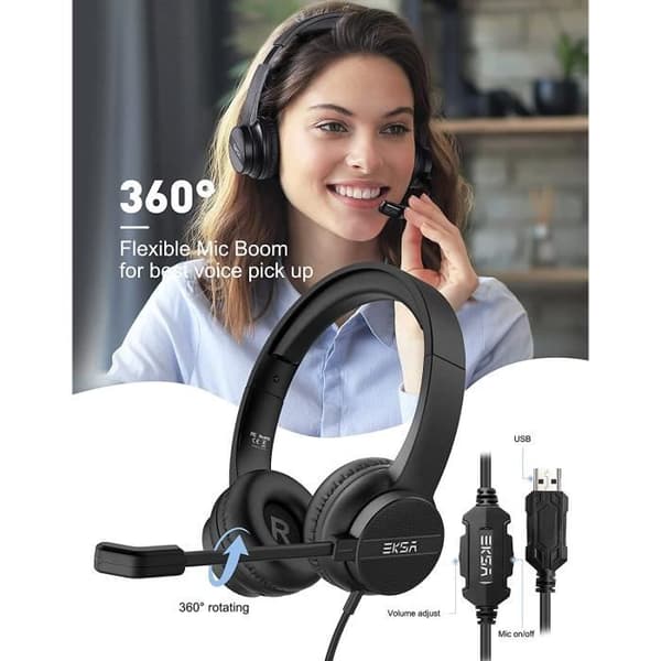EKSA H12E Micro USB Headset, Kablet Audio Headset med Støyreduserende Mikrofon, Ideell for Møter, Videokonferanser, Telearbeid,