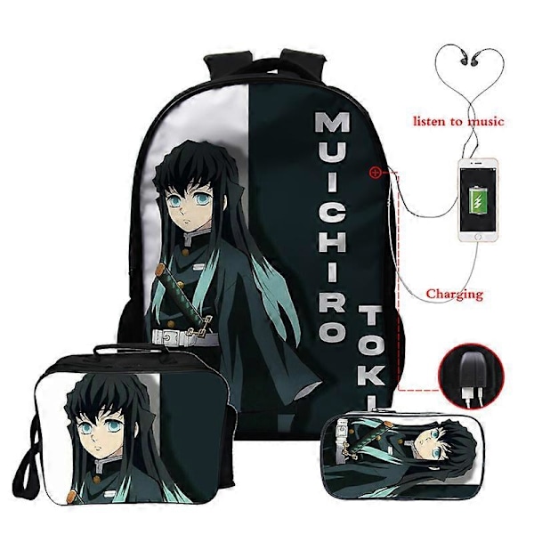 Anime Demon Slayer Muichiro Tokito Reppu Teini-ikäisille Pojille Tytöille Koululaukut Manga Reppu Usb 3kpl/settiä 16 Tuuman Kannettavan Tietokoneen Reput 0muichiro174
