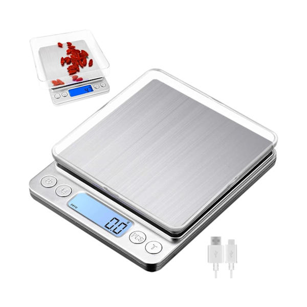Digital köksvåg med USB laddning, digital våg 0,1g / 3 kg, elektronisk finvåg, PSC / tarafunktion / LCD-display, 6 enheter konvertering