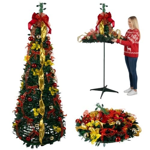 Ferdigpyntet Pop-Up Juletre, 180 cm, Grønt, Sammenleggbart med Gull- og Røde Ornamenter