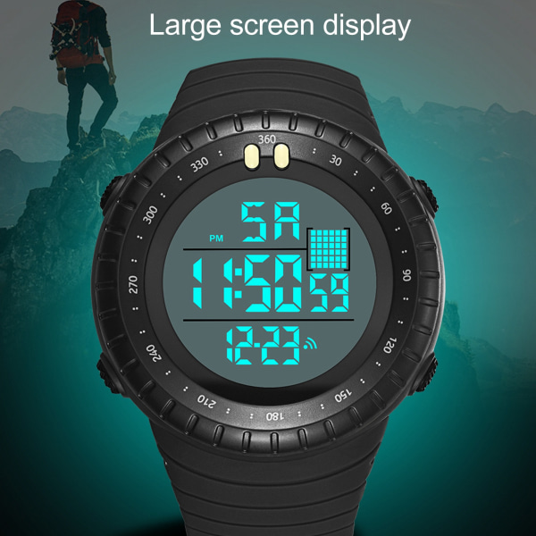Män Digital Watch Digital Vattentät Nattljus Väckarklocka Datumvisning Studenter Multi Watch Svart
