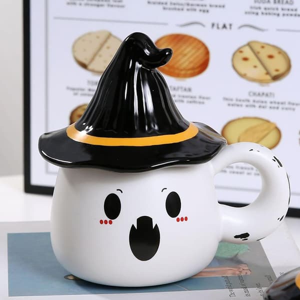 Halloween Spökmugg med Lock, Keramisk Kaffekopp, Vit, Stil 2, Rolig Present