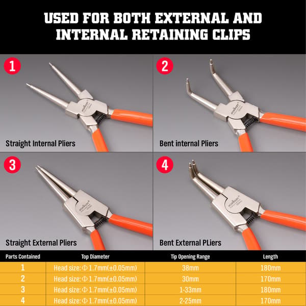 97641 4-delt bøjet spids låseringstangsæt 4 Piece Snap Ring Pliers