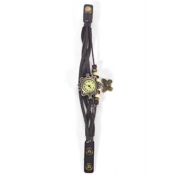 Braid Weave PU Armband Quartz Analog Watch Armbandsur med fjärilshänge (kafferem)