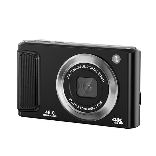 4K HD digitalkamera med front- og baglinse, stabilisering, sort Black