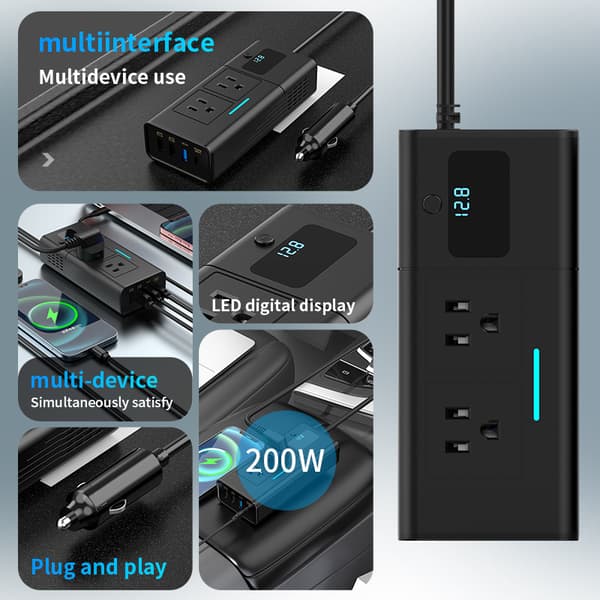 200W bilstrømomformer 12V til 110V med amerikansk plugg, PD, QC3.0, USB Silver Gray 110V US Plug