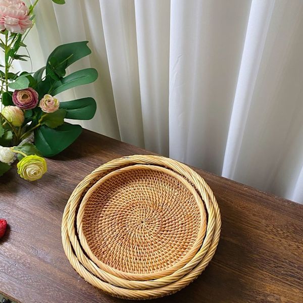 Rattan Fruktfat Håndvevd Elegant Tradisjonell Naturlig Rattan Serveringsbrett for Kjøkkenbenk Bord L