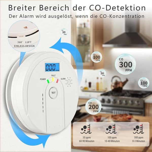 85 dB kolmonoxiddetektor med LCD-display, EN 50291, batteridriven, 3 AA-batterier ingår ej