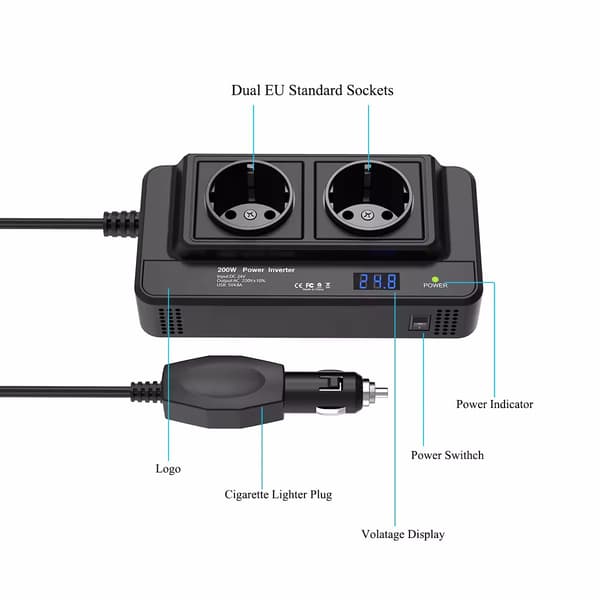 200W Bilstrømomformer med 200W EU-stik, QC3.0, cigarettænderport, strømskinne 220V 200W EU Socket