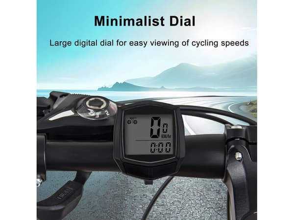 Sort vandtæt cykelcomputer med speedometer og kilometertæller.