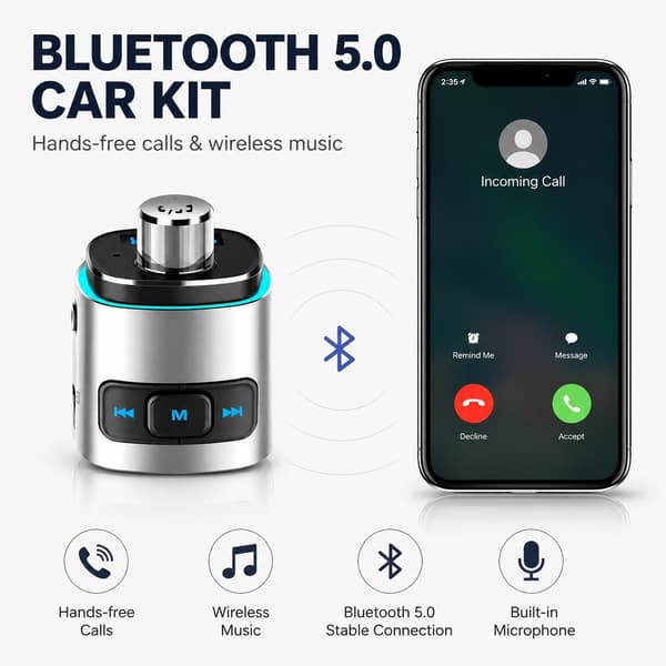 Bluetooth FM-sändare för bil, 2 USB-snabbladdare med LED-ljus, handsfreesamtal