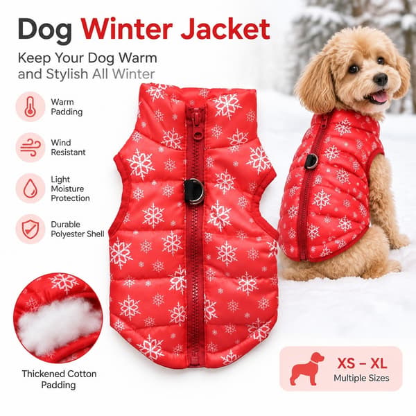 Vinterjacka för hund, vadderad bomullsjacka, fjädersilke, med koppelfäste, XS-XL Red L 83g-Christmas snowflake