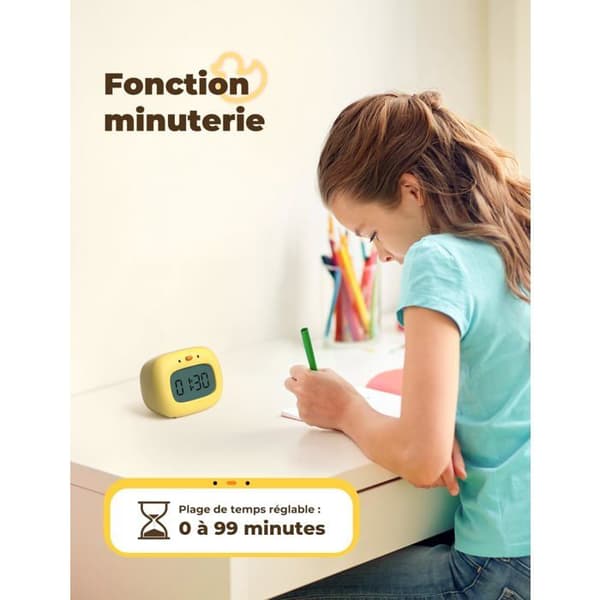 Digital vekkerklokke for barn, 3 alarmer, 12/24-timers format, slumrefunksjon, timer, ukesvisning, andeform