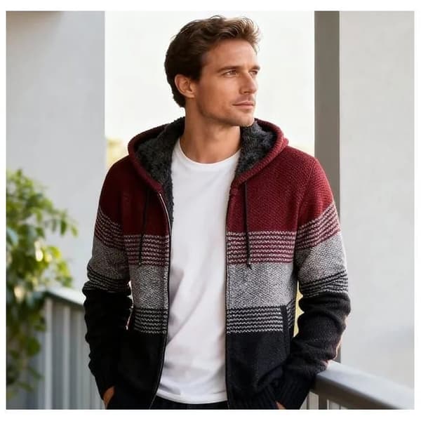 Herre Strikket Pullover Hættetrøje, Patchwork Sweater, Fleeceforet, Afslappet Cardigan Jakke, Rød